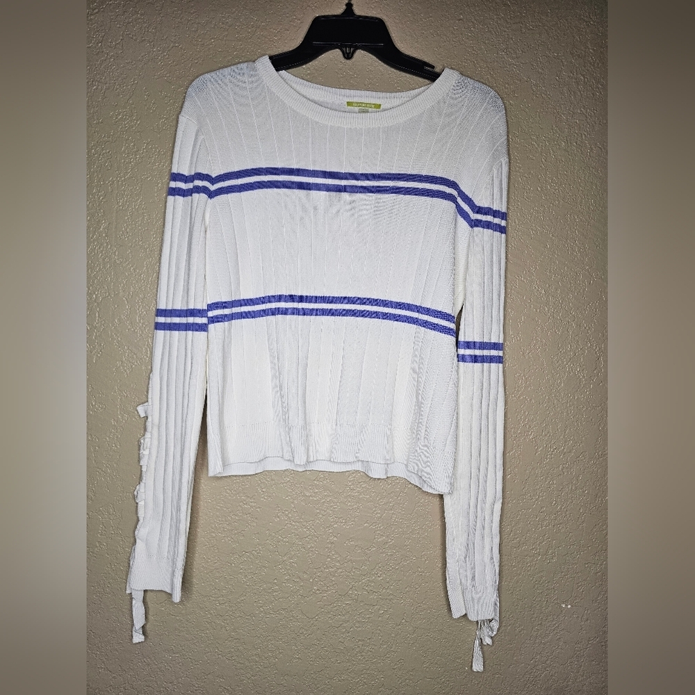 Vtg ENGLISH FACTORY Striped Long Lace sleeves Round Neck treach Sweater Sz M/L - Picture 2 of 7